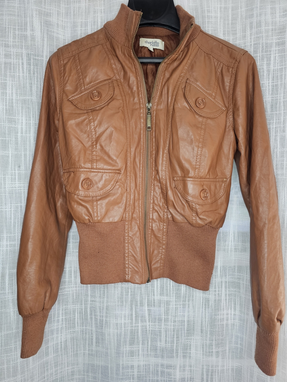 Charlotte Russe Women's Cognac Faux Leather Bomber Jacket
